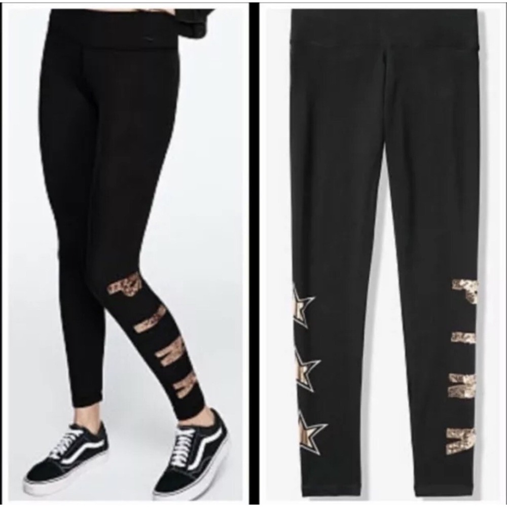 Victoria's Secret PINK Yoga Legging Sz L Black / Rose Gold Bling Pants Stars